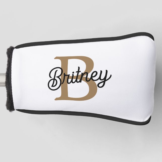 Modern Elegant Monogram Name  Black Gold Script  Golf Head Cover (Front)