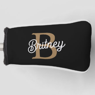 Modern Elegant Monogram Name  Black Gold Script  Golf Head Cover