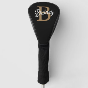 Modern Elegant Monogram Name  Black Gold Script  Golf Head Cover