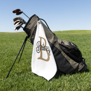 Modern Elegant Monogram Name Black Gold Script Golf Towel