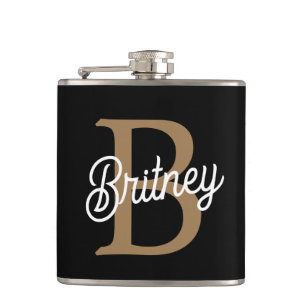 Modern Elegant Monogram Name  Black Gold Script  Hip Flask