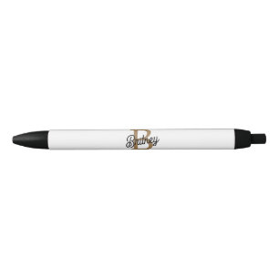 Modern Elegant Monogram Name  Black Gold Script  Ink Pen