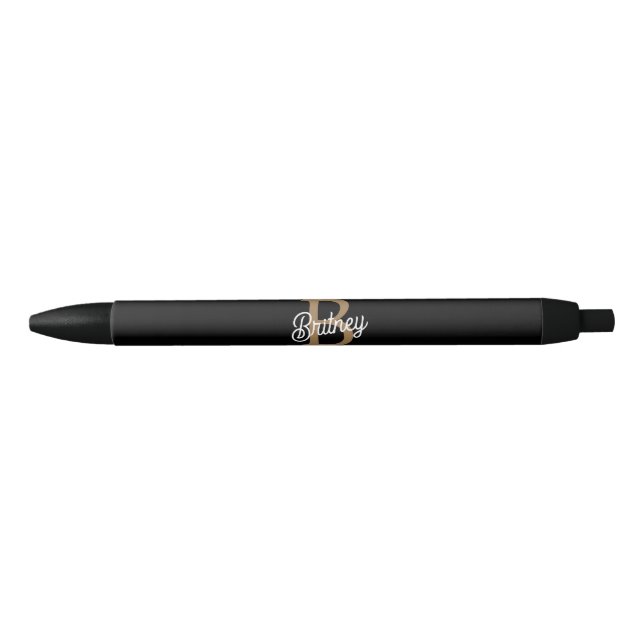 Modern Elegant Monogram Name  Black Gold Script  Ink Pen (Front)