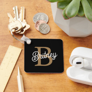 Modern Elegant Monogram Name Black Gold Script Key Ring