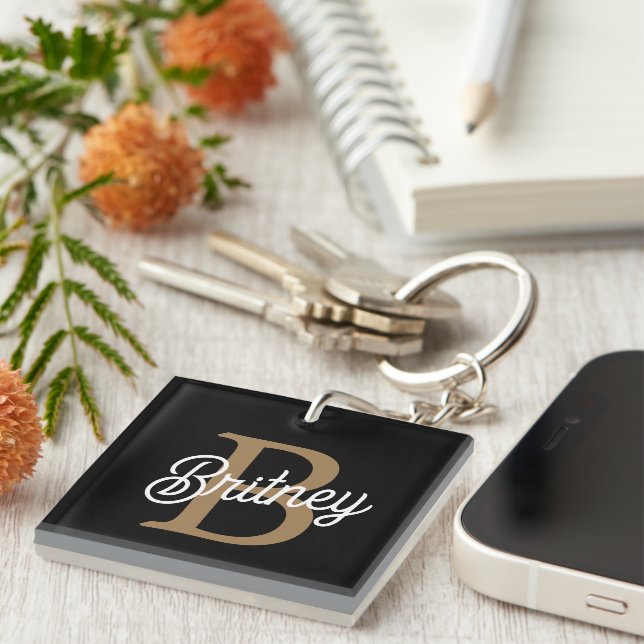 Modern Elegant Monogram Name  Black Gold Script  Key Ring (Front Right)