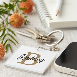 Modern Elegant Monogram Name  Black Gold Script  Key Ring