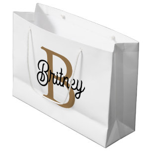Modern Elegant Monogram Name  Black Gold Script  Large Gift Bag