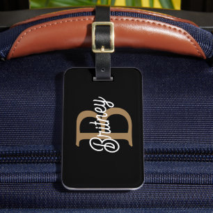 Modern Elegant Monogram Name  Black Gold Script  Luggage Tag