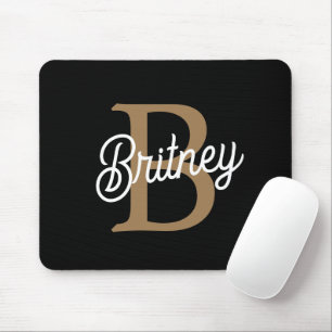 Modern Elegant Monogram Name Black Gold Script Mouse Mat