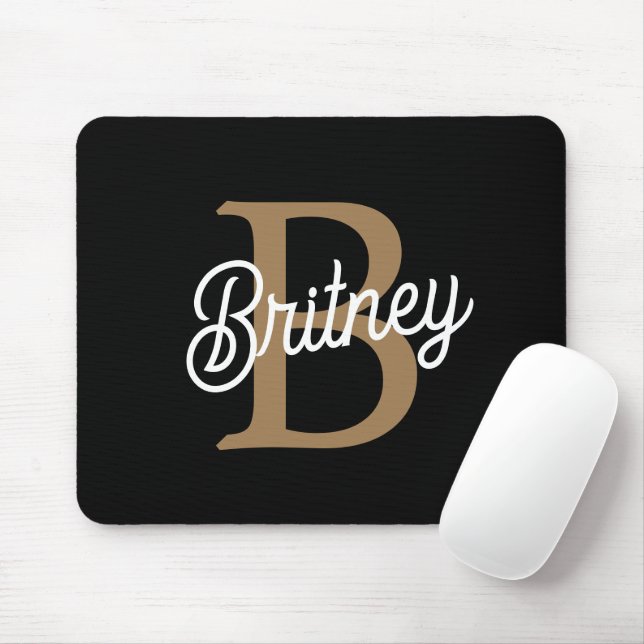 Modern Elegant Monogram Name  Black Gold Script  Mouse Mat (With Mouse)