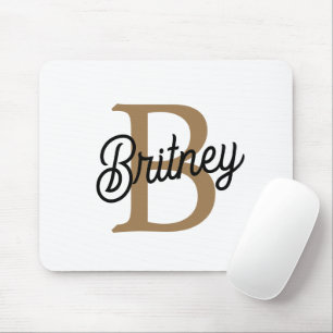 Modern Elegant Monogram Name  Black Gold Script  Mouse Mat