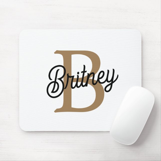 Modern Elegant Monogram Name  Black Gold Script  Mouse Mat (With Mouse)