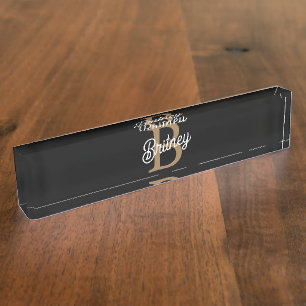 Modern Elegant Monogram Name  Black Gold Script  Nameplate