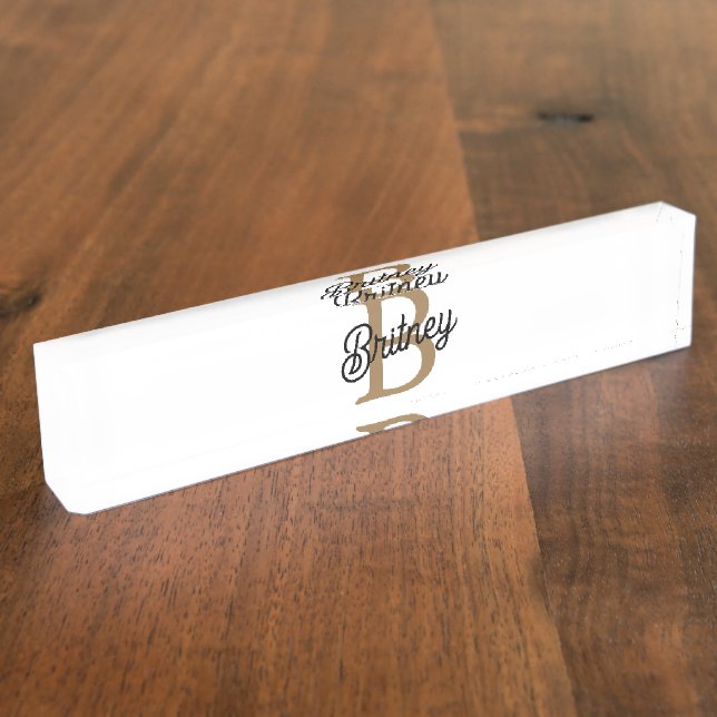 Modern Elegant Monogram Name  Black Gold Script  Nameplate (Side)