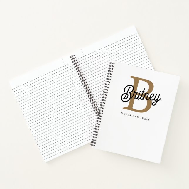 Modern Elegant Monogram Name Black Gold Script Notebook (Inside)