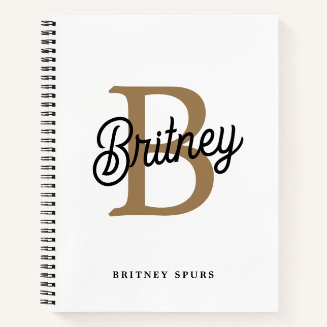 Modern Elegant Monogram Name Black Gold Script Notebook (Front)