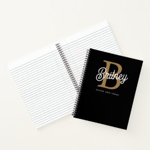 Modern Elegant Monogram Name Black Gold Script Notebook