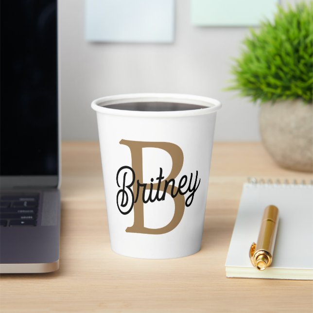 Modern Elegant Monogram Name  Black Gold Script  Paper Cups (Insitu)
