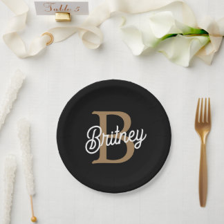 Modern Elegant Monogram Name  Black Gold Script  Paper Plate