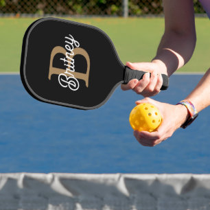 Modern Elegant Monogram Name  Black Gold Script  Pickleball Paddle