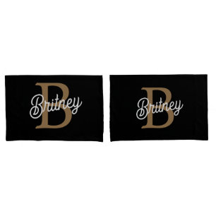 Modern Elegant Monogram Name Black Gold Script Pillowcase