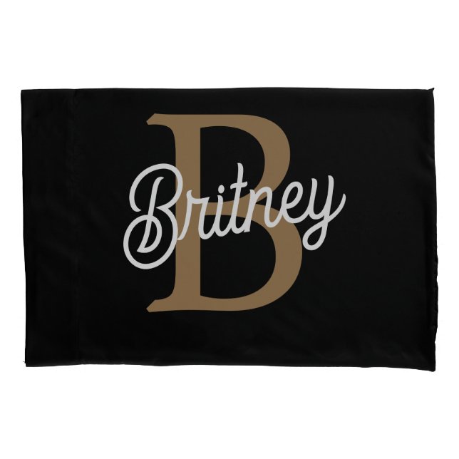 Modern Elegant Monogram Name  Black Gold Script  Pillowcase (Front)