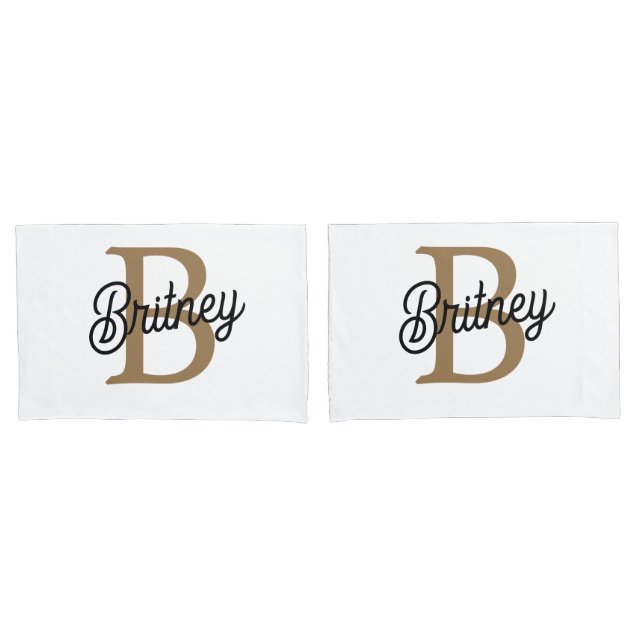 Modern Elegant Monogram Name  Black Gold Script  Pillowcase (Front-Set)