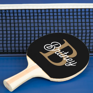 Modern Elegant Monogram Name  Black Gold Script  Ping Pong Paddle