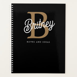 Modern Elegant Monogram Name Black Gold Script Planner