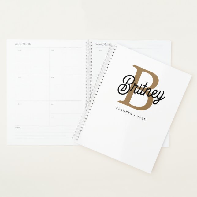 Modern Elegant Monogram Name Black Gold Script Planner (Display)