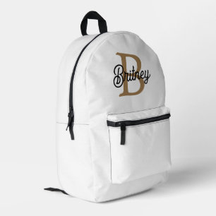 Modern Elegant Monogram Name  Black Gold Script  Printed Backpack