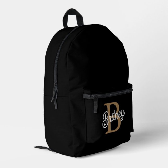 Modern Elegant Monogram Name  Black Gold Script  Printed Backpack (Back Corner Left)