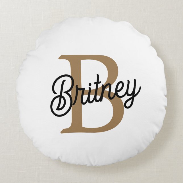 Modern Elegant Monogram Name  Black Gold Script  Round Cushion (Front)