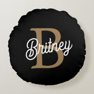 Modern Elegant Monogram Name  Black Gold Script  Round Cushion