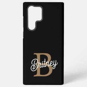 Modern Elegant Monogram Name  Black Gold Script  Samsung Galaxy Case