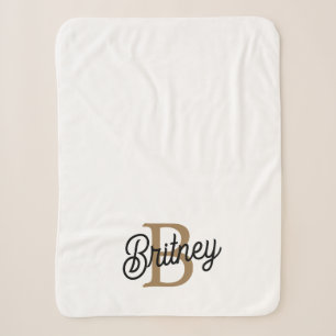 Modern Elegant Monogram Name Black Gold Script Sherpa Blanket