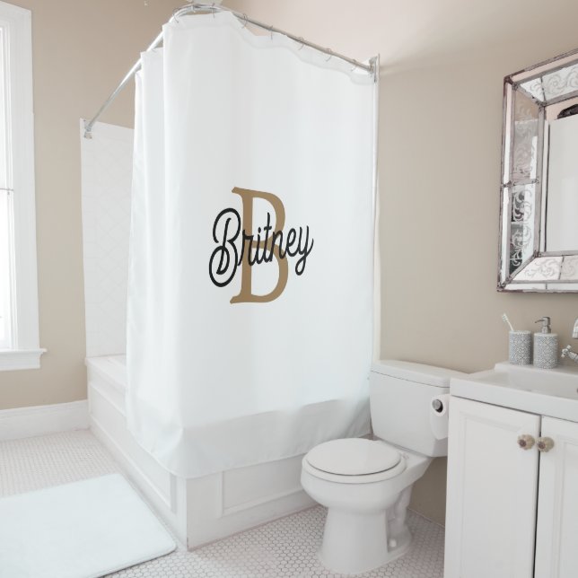 Modern Elegant Monogram Name  Black Gold Script  Shower Curtain (In Situ)
