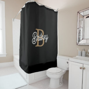 Modern Elegant Monogram Name  Black Gold Script  Shower Curtain