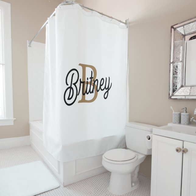 Modern Elegant Monogram Name  Black Gold Script  Shower Curtain (In Situ)