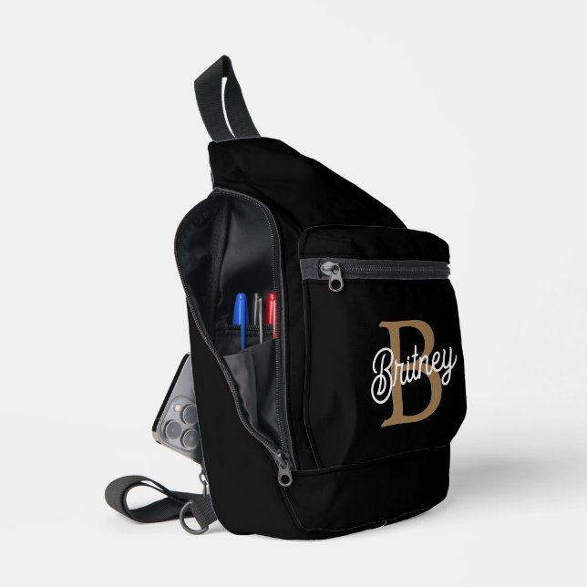 Modern Elegant Monogram Name  Black Gold Script  Sling Bag (Open)