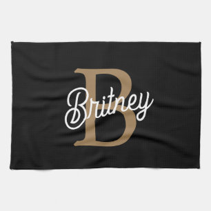 Modern Elegant Monogram Name Black Gold Script Tea Towel