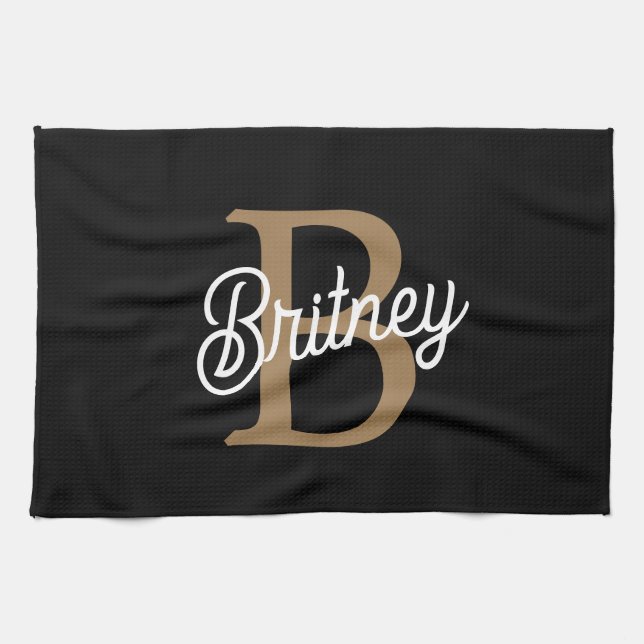 Modern Elegant Monogram Name  Black Gold Script  Tea Towel (Horizontal)