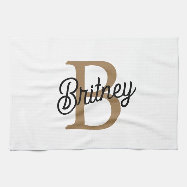 Modern Elegant Monogram Name  Black Gold Script  Tea Towel (Horizontal)