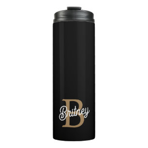 Modern Elegant Monogram Name  Black Gold Script  Thermal Tumbler