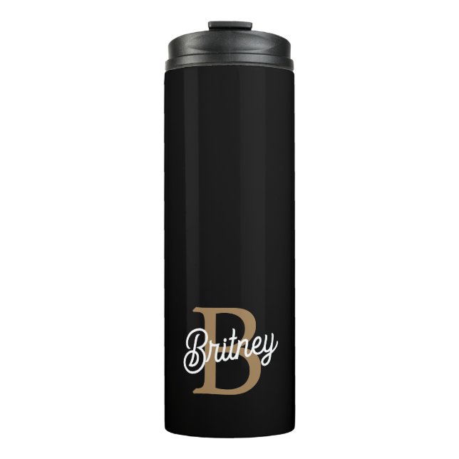 Modern Elegant Monogram Name  Black Gold Script  Thermal Tumbler (Front)