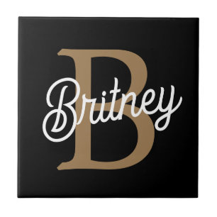 Modern Elegant Monogram Name  Black Gold Script  Tile