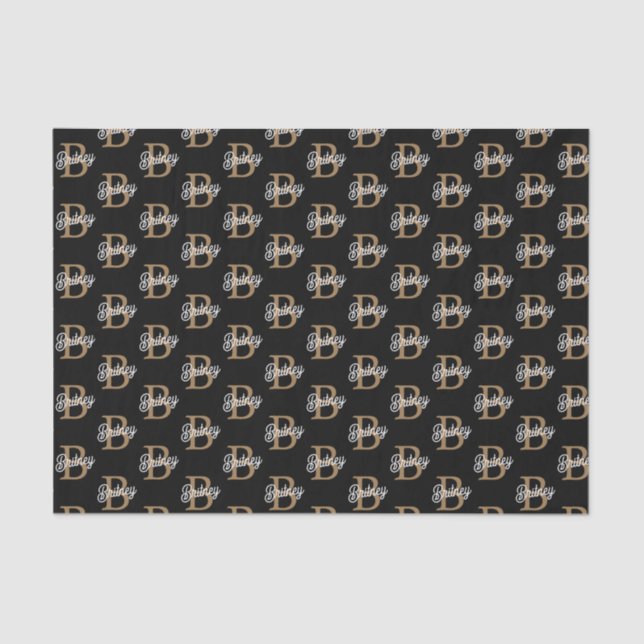 Modern Elegant Monogram Name  Black Gold Script  Tissue Paper (Front)