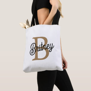 Modern Elegant Monogram Name Black Gold Script Tote Bag