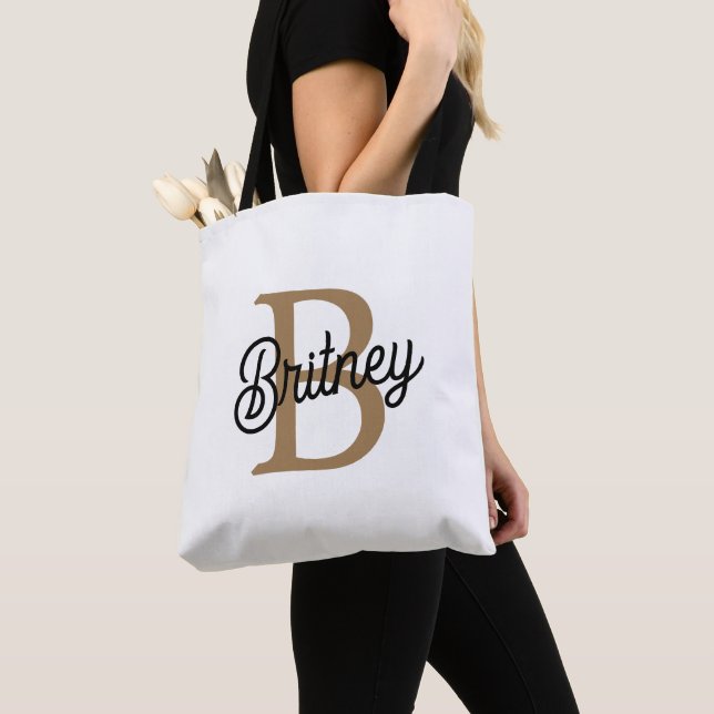 Modern Elegant Monogram Name  Black Gold Script  Tote Bag (Close Up)