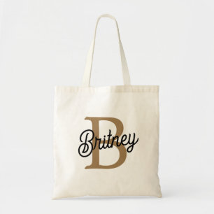 Modern Elegant Monogram Name Black Gold Script Tote Bag
